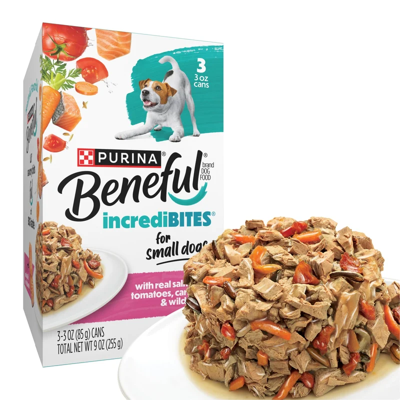 Beneful Petite Race – Nourriture humide pour petit chien au saumon et sauce IncrediBites, 8 paquets de 3 boîtes de 3 oz