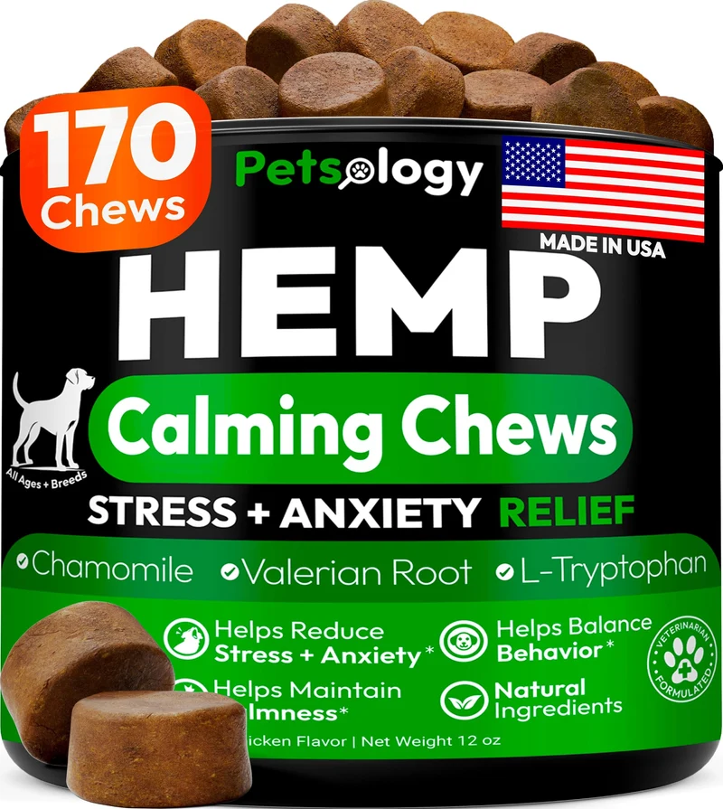 Petsology – Friandises apaisantes au chanvre pour chiens – 170 bouchées, gestion du stress, sommeil et soutien hanches et articulations – Fabriqué aux États-Unis