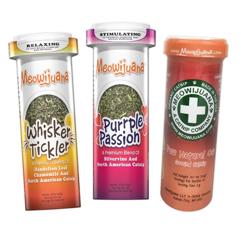 Meowijuana Trio Purr-Effect — Mélanges Catnip Premium Nord-Amérique | Purrple Passion, Whisker Tickler et Paw Natural OG