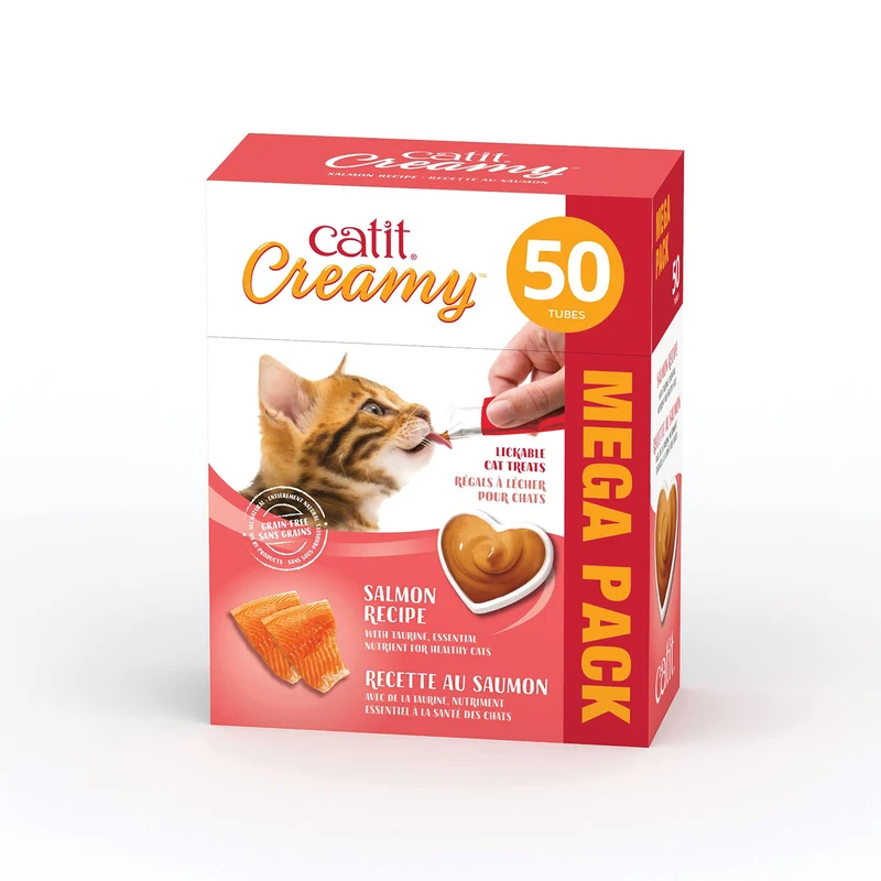 Catit Creamy Friandise à Lécher pour Chat – Saumon, Lot de 50 Tubes