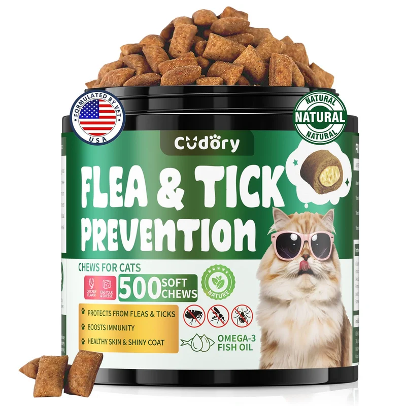 Cudory Prévention Puces et Tiques pour Chats – 500 Friandises Croquantes et Crémeuses au Poulet
