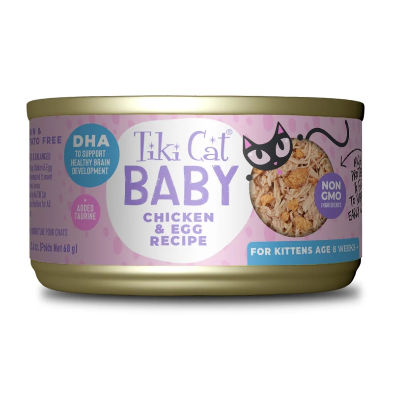 Tiki Cat Baby – Poulet et Œuf, Protéine élevée, Ingrédients 100% Non-OGM, Aliment Humide pour Chatons 8 Semaines+, Boîtes 2,4 oz (12)