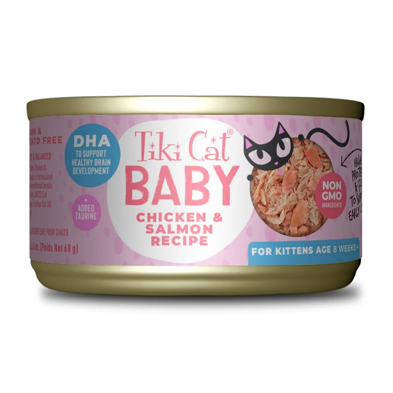 Tiki Cat Baby — Poulet & Saumon, Protéines élevées, Sans OGM, Chatons 8+ semaines, Boîtes 2,4 oz (12)