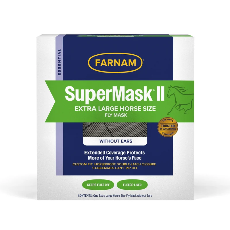 Farnam SuperMask II – Masque anti-mouches pour cheval sans oreilles, couverture étendue, fermeture sous la mâchoire, taille XL