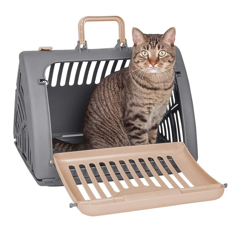 SportPet Designs Transport Chat Pliable – Cage de Voyage Porte Frontale Gris et Beige, Taille Moyenne