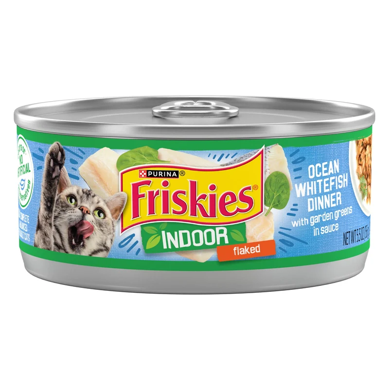 Purina Friskies Nourriture humide pour chat d’intérieur – Morue d'océan blanc en flocons avec légumes du jardin, sauce – Pack de 24 boîtes 156 g