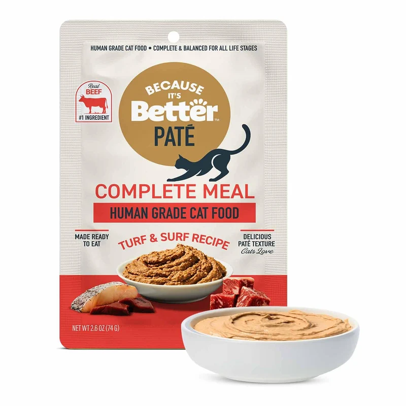 Because It’s Better Pâté Complet pour Chat — Turf & Surf, Sans Céréales, Ingrédients Humains, 12 Sachets 2,6 oz