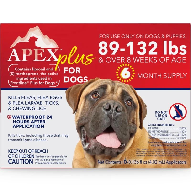 APEX ANIMAL HEALTH Apex Plus Anti-Puces et Tiques pour Chiens XL (89-132 livres) – Pack Six Mois – Étanche, Activation 24 h, Protection 30 jours
