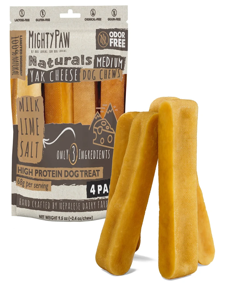 Mighty Paw Yak Cheese Chews pour chiens - Friandises naturelles à mâcher longue durée - Ingrédients limités sans lactose (Taille moyenne, Pack de 4)
