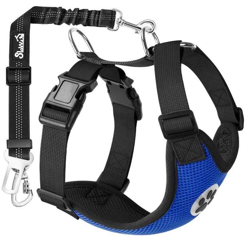SlowTon Harnais de Siège pour Chien – 2 en 1, Attache Verrouillable, Mesh Respirant, Bleu, Taille L