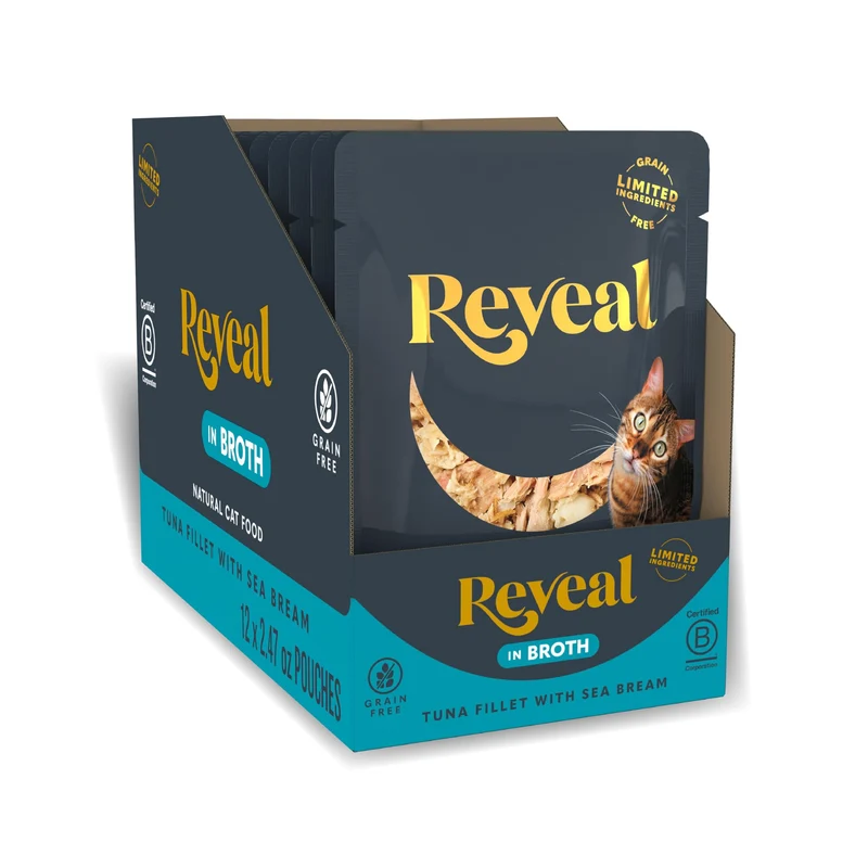 Reveal Nourriture humide naturelle pour chat – Thon et dorade dans bouillon, ingrédients limités et sans additifs (12 sachets 70 g)