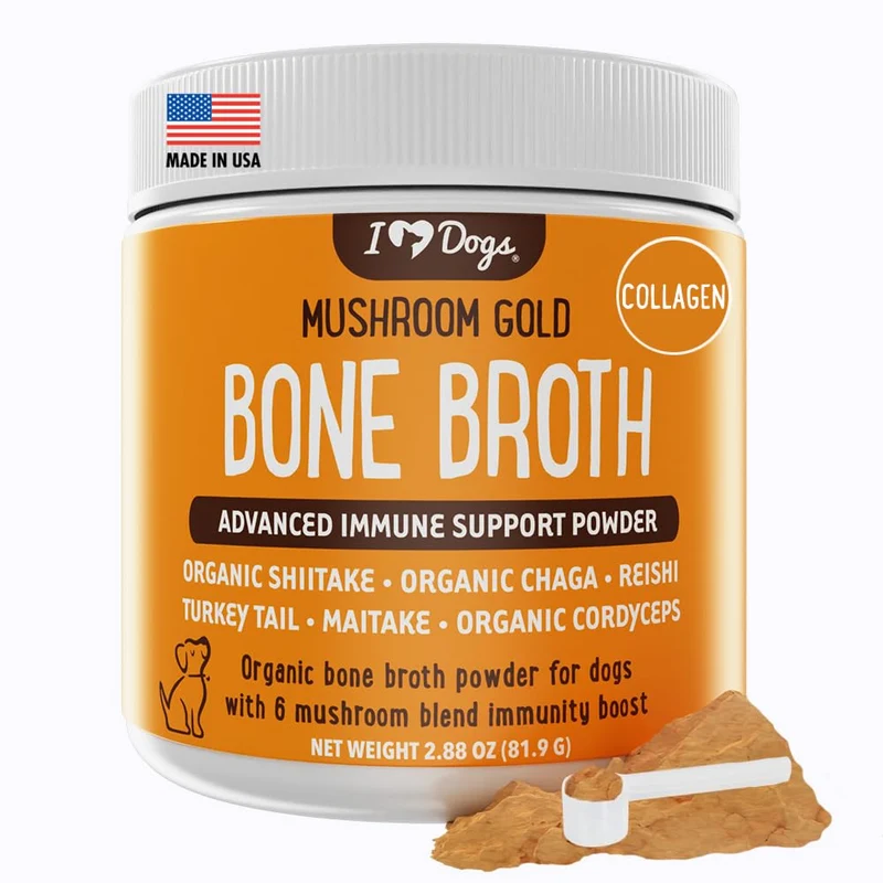 iHeartDogs Bouillon d’Os et Collagène pour Chiens — Poudre dorée de bouillon et champignons (Queue de dinde) pour soutien immunitaire, mobilité et détox naturelle