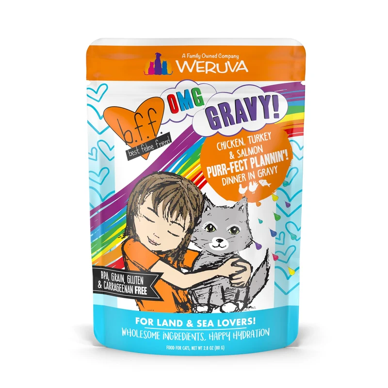 Weruva B.F.F. OMG – Meilleur Ami Félin Oh My Gravy ! Planification parfaite: poulet, dinde et saumon en sauce (pack de 12 sachets)
