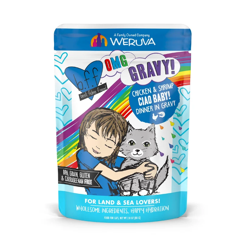Weruva B.F.F. OMG – Oh My Gravy!, Ciao Baby ! Poulet et Crevettes en Sauce, Sachets 80 g (Pack de 12)