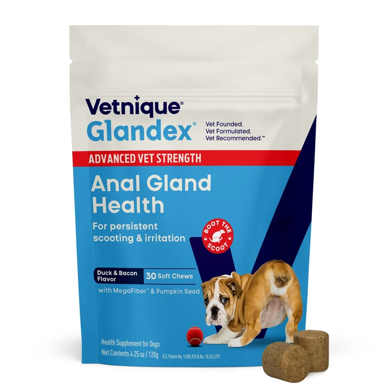 Vetnique Glandex Avancé pour Chiens – Soutien des Glandes Anales et Digestion, Saveur Canard-Bacon, 30 bouchées