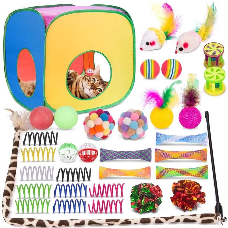 Retro Shaw Pack de Jouets pour Chat – 33 Pièces, Tunnel Pliable et Accessoires Multicolores