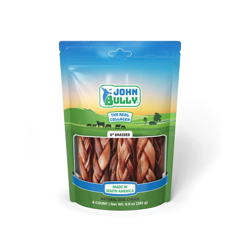 John Bully Collagène pour Chiens – Tresse 6 pouces, Pack 6 | Protéine naturelle et Digestible, Sans Gluten