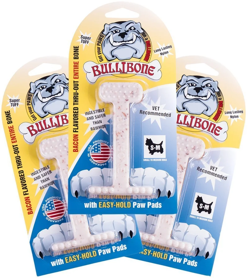 Bullibone : Jouet à mâcher en nylon pour chiens agressifs – Saveur bacon, hygiène dentaire – Lot de 3