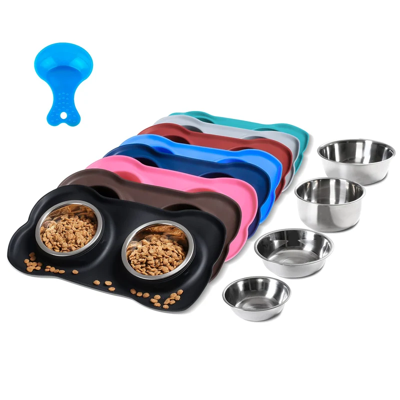 Hubulk Bols pour Animaux – Ensemble Double Bols en Acier Inoxydable Anti-Débordement avec Tapis Silicone et Pelle à Nourriture Grand Noir