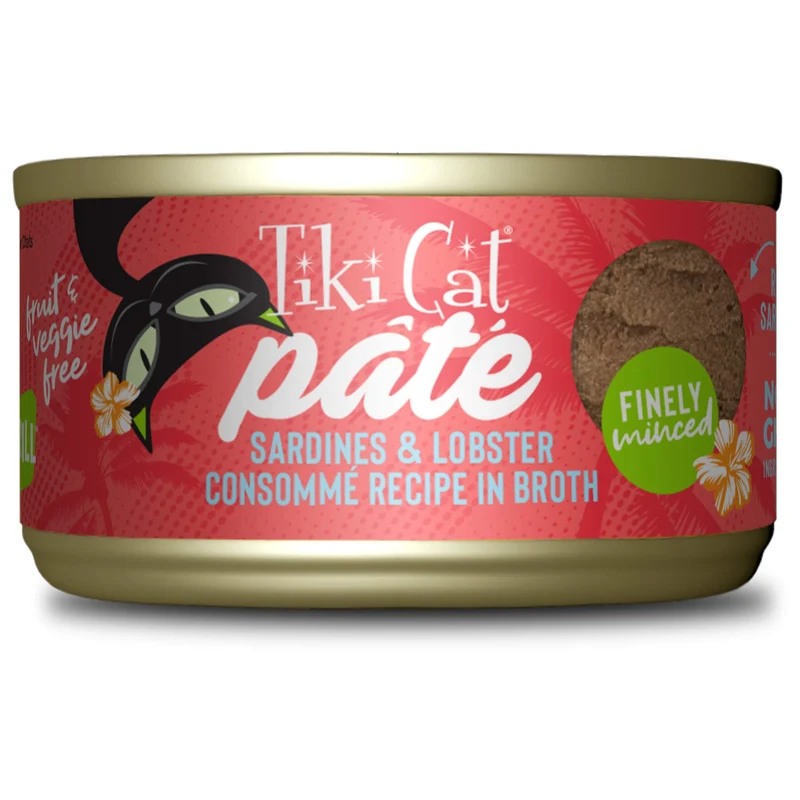 Tiki Cat Grill Pâté Sardines & Lobster Consommé – Protéine élevée, 100% Non-GMO, Pour Chats Tous âges, Boîtes 2,8 oz (Pack de 12)