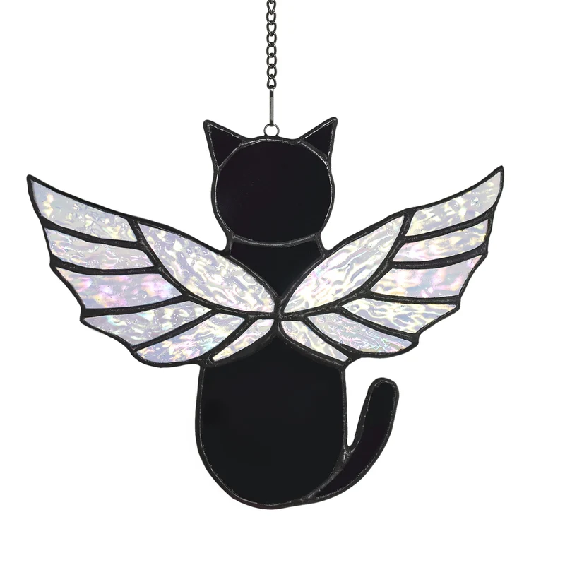 Velasyart Chat Mémorial Ailes Arc-en-Ciel – Suncatcher Verre Vitrail Noir