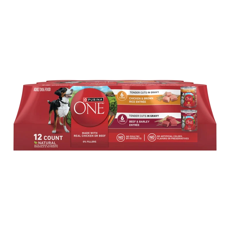 Purina ONE Morceaux Tendres: Poulet & Riz Brun, Boeuf & Orge — Haute Protéine, Pack de 12