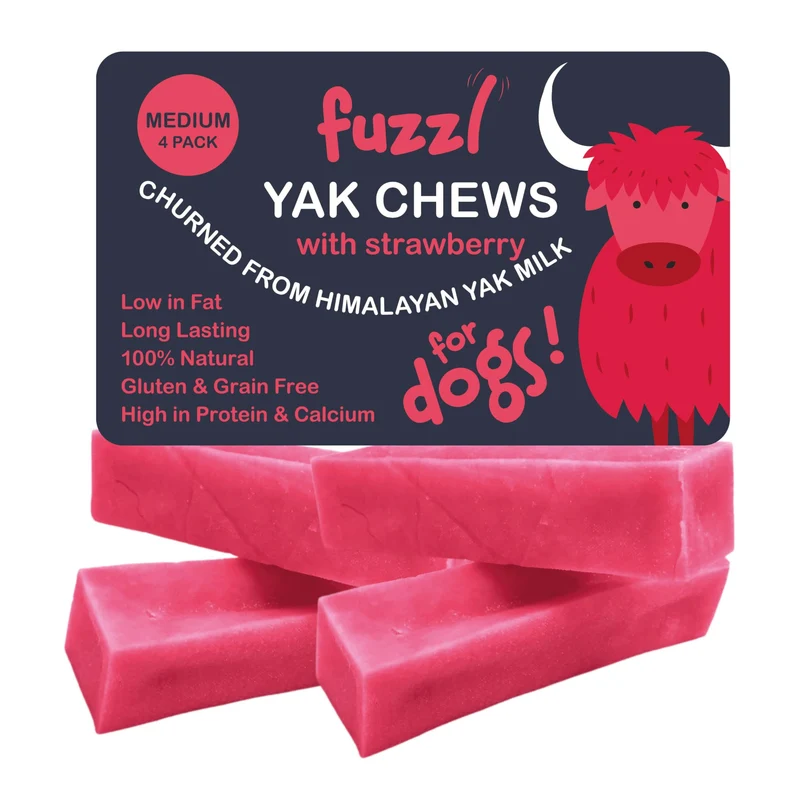 Fuzzl Yak Chews Fraise – Friandises Naturelles au Fromage de Yak Himalayen, Lot de 4