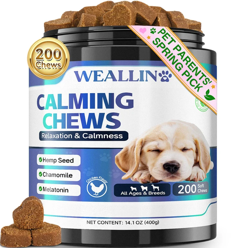 WEALLIN 200 Friandises Calmantes pour Chiens - Chanvre, Mélatonine, Camomille, Goût Poulet
