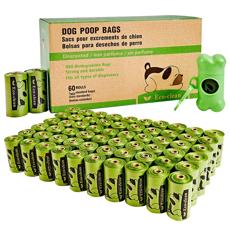 Sacs-poubelle pour chien ECO-CLEAN : 60 rouleaux, 900 sacs, sans parfum, extra forts (Distributeur et clip laisse)