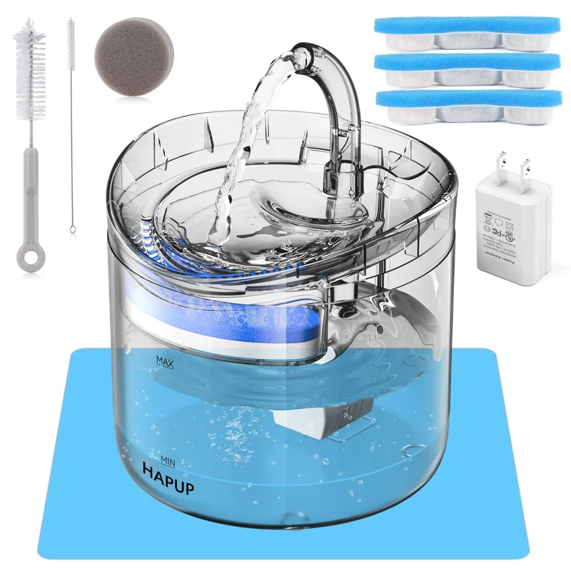 HAPUP Fontaine d'eau pour chat 1,8 L – Distributeur automatique + 3 filtres et accessoires
