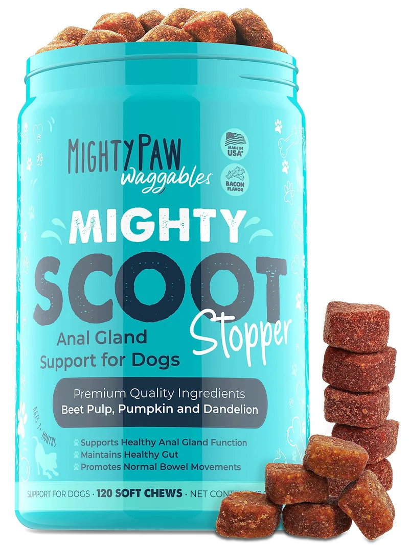 Mighty Scoot Waggables de Mighty Paw (Fabriqué aux États‑Unis) | Soutien digestif et glandes anales pour chiens — 120 comprimés