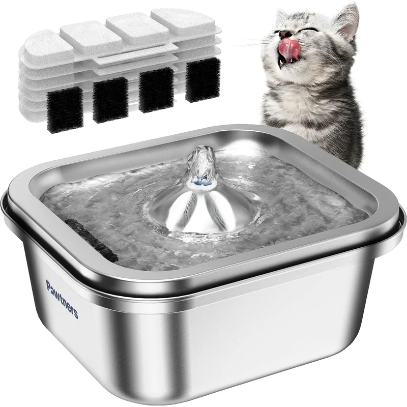 Pawtners Fontaine d'eau pour chat en acier inoxydable 4L – Distributeur automatique avec 6 filtres