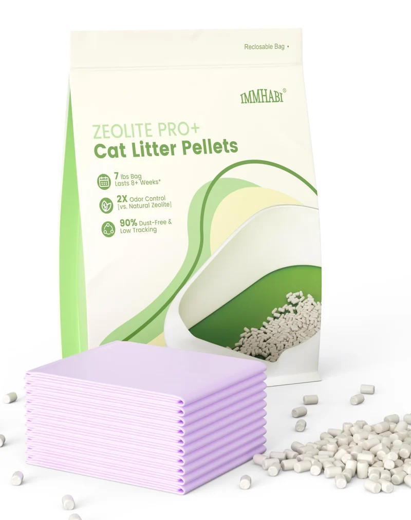 IMMHABI Litière Zeolite Améliorée 7lb + 10 Tampons – Refills pour Bac Double et Plateau Coulissant en Acier Inox
