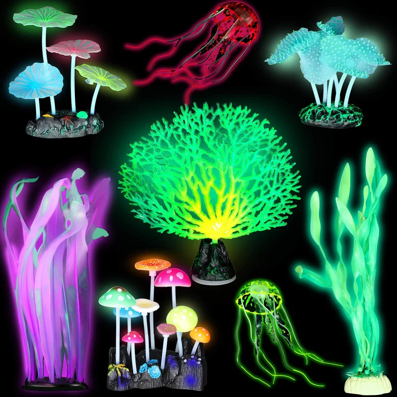 Frienda – Ensemble décorations d’aquarium lumineux, 8 pièces (kelp, anémone, corail, méduses)