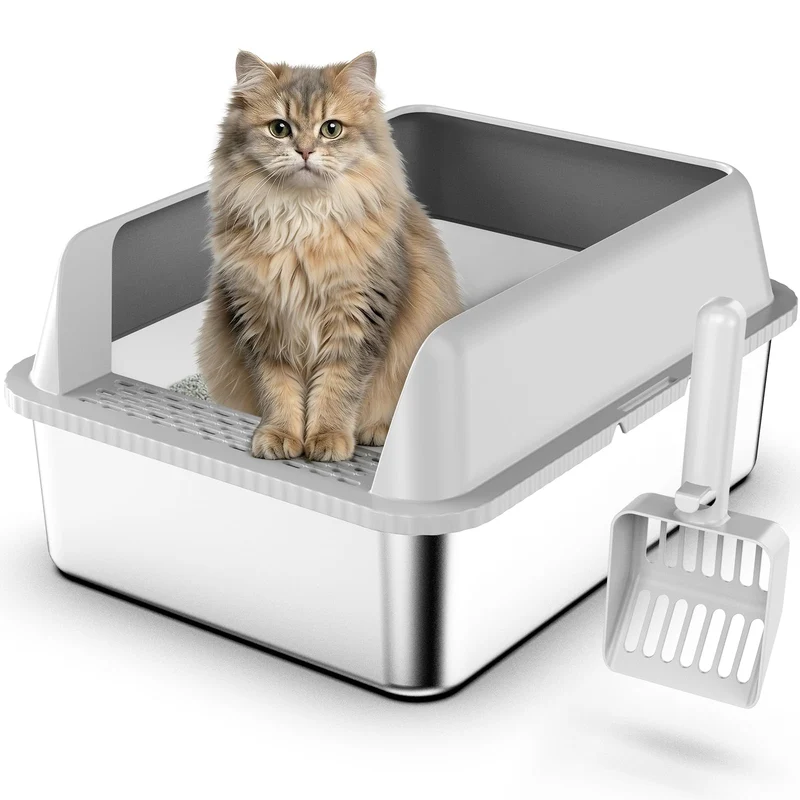 Suzzipaws Bac à Litière en Acier Inoxydable avec Couvercle – Anti-Fuite et Nettoyage Facile