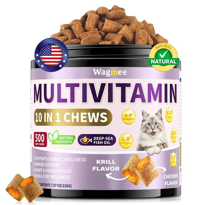 Wagmee Chat – Multivitamines avec huile de poisson, Taurine, 10 en 1, 500 friandises croquantes et crémeuses