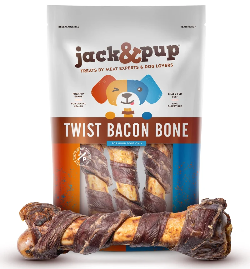 Jack&Pup Os de Porc 10 Pouces – Pack 3, Gros Os Torsadés Bacon pour Grands Chiens