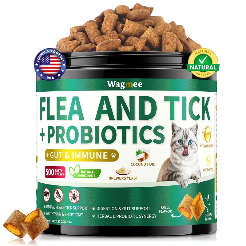 Wagmee – Bouchettes Prévention Puces et Tiques pour Chats (Poulet, Probiotiques)
