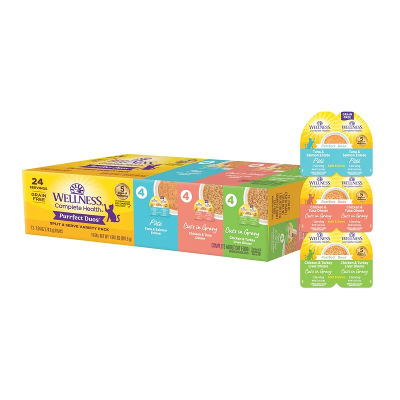 Wellness Purrfect Duos – Variété pour Chats Adultes (Pâté et Sauce), Sans Céréales, 12 Coupelles Split – 2,64 oz