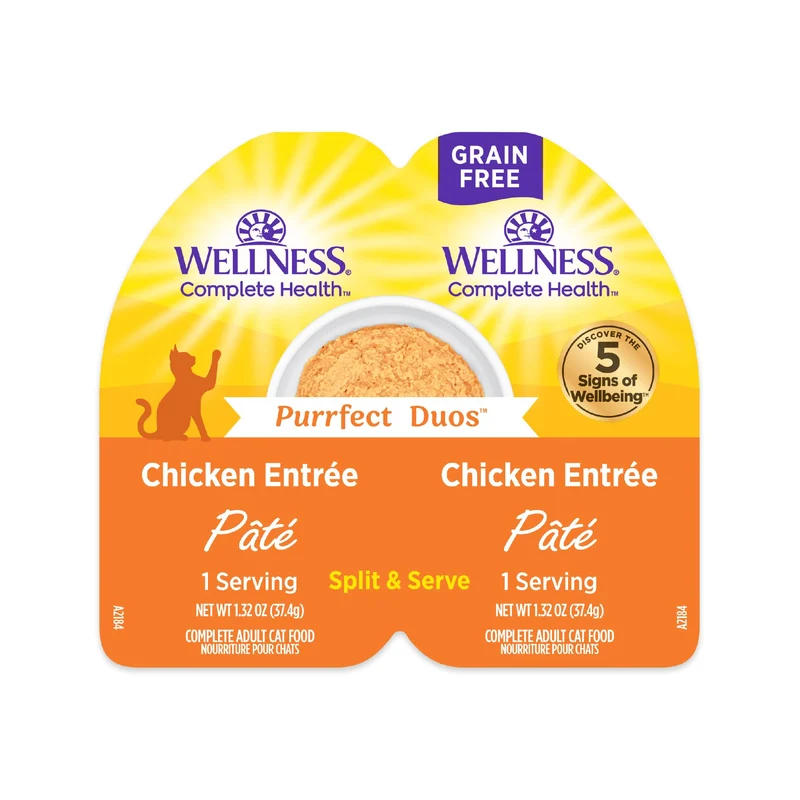 Wellness Purrfect Duos Pâté Poulet pour Chat Adulte – Sans Céréales, Protéine Riche, Coupelles à Deux Compartiments, 12x2,64 oz