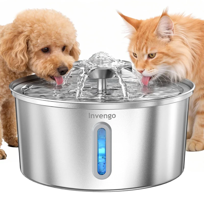 Invengo Fontaine pour Chats et Chiens – Acier Inox 3,2 L, Pompe Ultra Silencieuse <25 dB