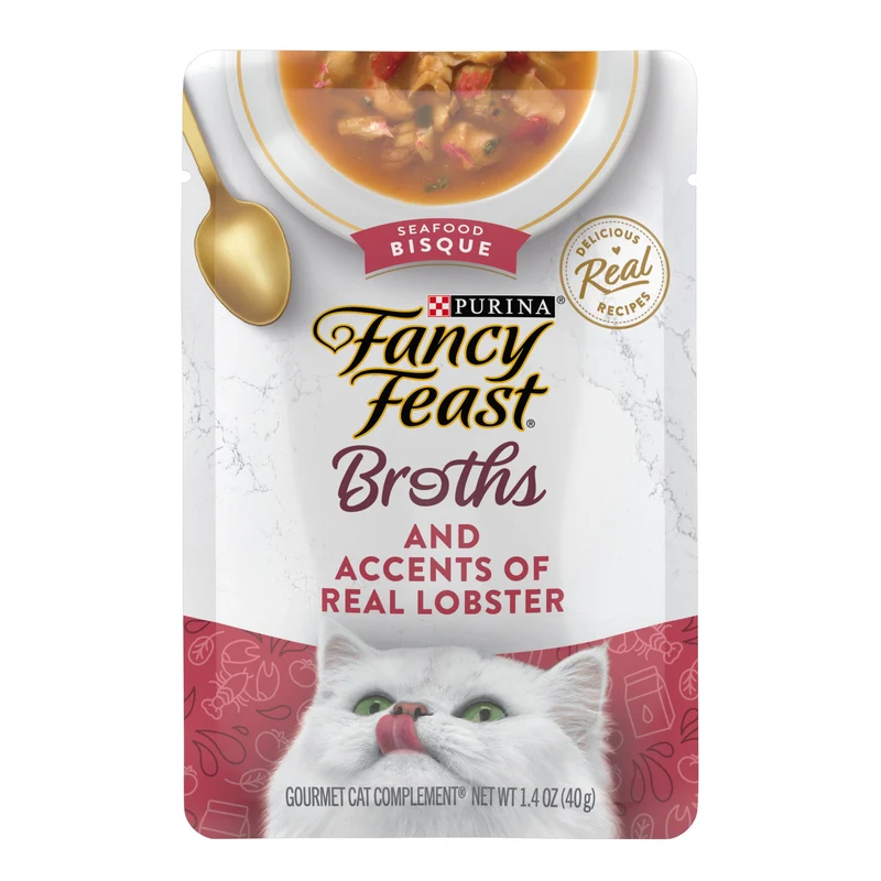 Fancy Feast Broths Bisque Fruits de Mer et Morceaux de Homard – Topper Lickable pour Chat Adulte, Sachets 1,4 oz (Pack de 16)