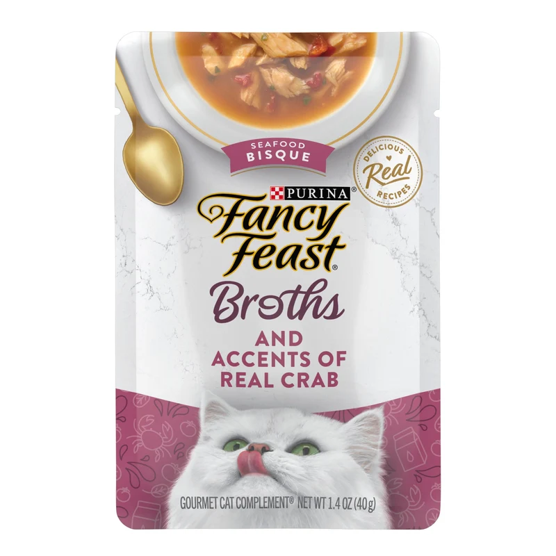 Purina Fancy Feast – Complément de bouillon à lécher pour chats, Bisque de fruits de mer avec morceaux de crabe réel, lot de 16 sachets de 40 g