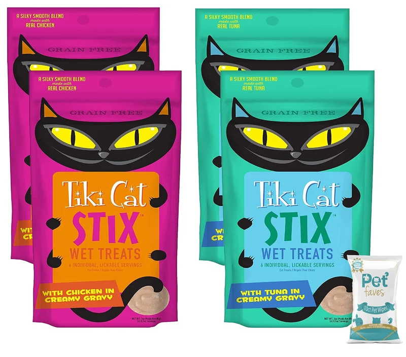 (4 Pack) Tiki Cat Stix Wet Treats – Mousse crémeuse sans céréales au thon et au poulet, avec lingettes Pet Faves 10ct
