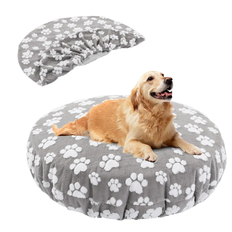 BALAPET Housse Lavable pour Panier Chien Rond – Imperméable 45×45×11 po Gris, Motif Pattes