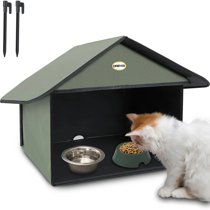 Dreyoo Station Nourrissage Extérieur – Abri Étanche pour Chats (13D x 17W x 15,5H) Vert Foncé