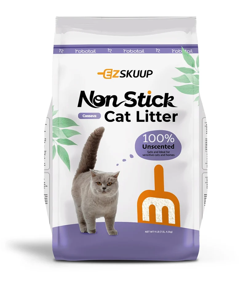 Robotail Premium Litière pour Chats – Cassava Naturelle 100%, Anti-Adhérence, Absorption Forte, Sans Parfum | 9 lb