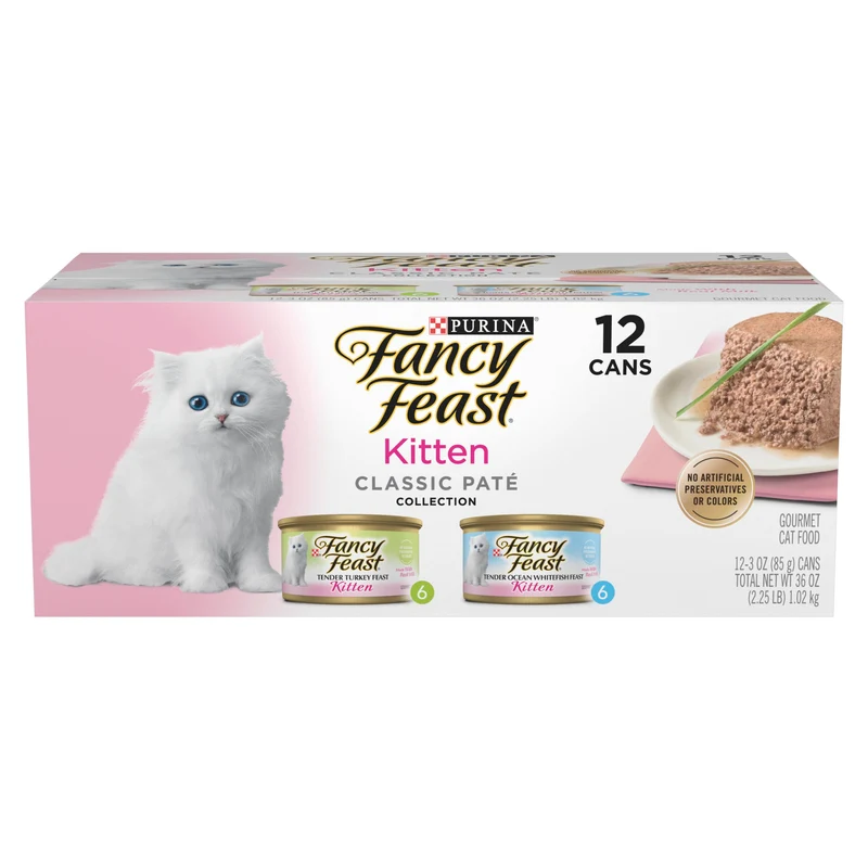 Purina Fancy Feast Kitten Tender Ocean Whitefish Feast et Tender Turkey Feast — Pack Varié Humide pour Chatons (2 Packs de 12 boîtes, 3 oz / 85 g chacun)