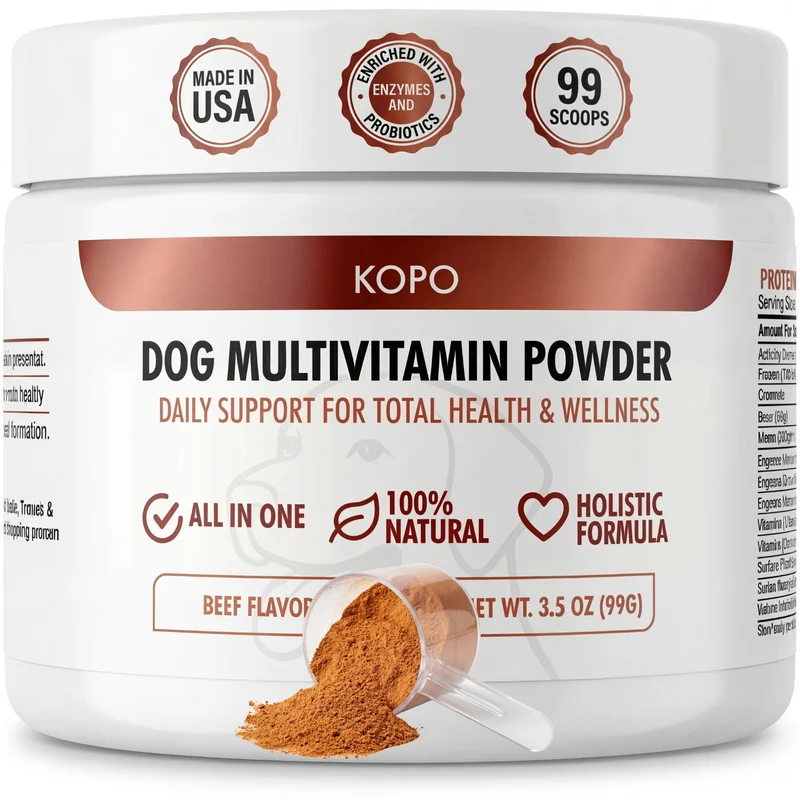 Kopo Chien Multivitamine Poudre – Soutien Cœur, Vitalité, Immunité, Digestion, Peau et Articulations | Pour Chiots, Adultes et Seniors | Goût Foie de Boeuf | 99 Dosettes