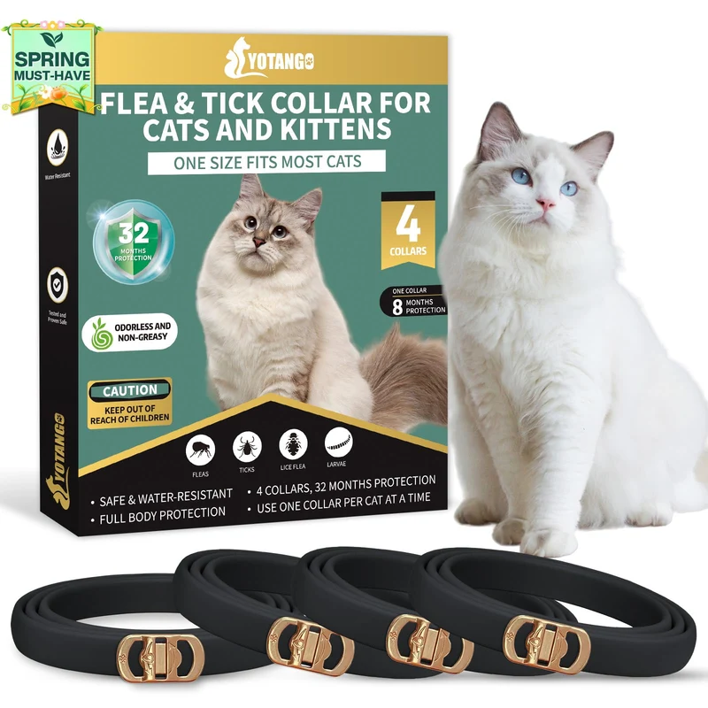 YOTANGO Collier Anti-Puces pour Chats – Lot de 4, 32 Mois de Protection, Imperméable et Réglable – Noir
